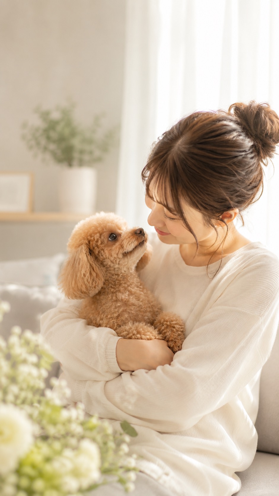 愛犬を愛おしそうに見つめる飼い主さん