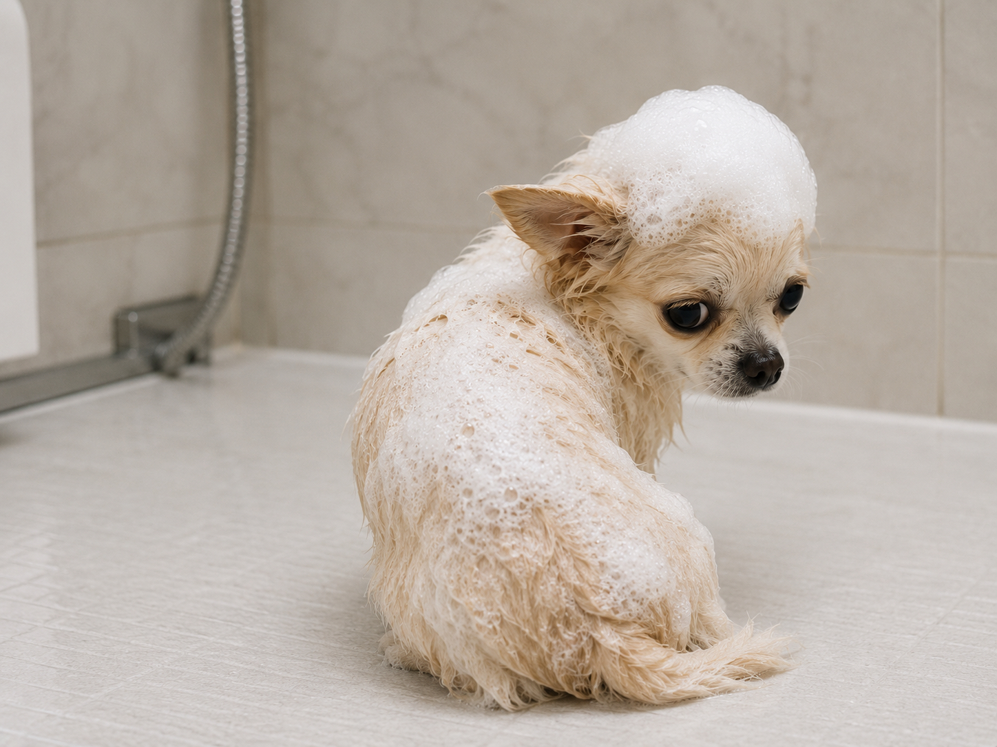 お風呂でシャンプー中の犬